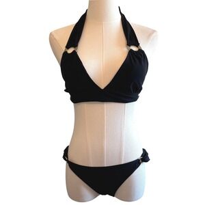 Despi‎ Bikini Set Black Size M Gold Ring Halter Brazilian Luxury